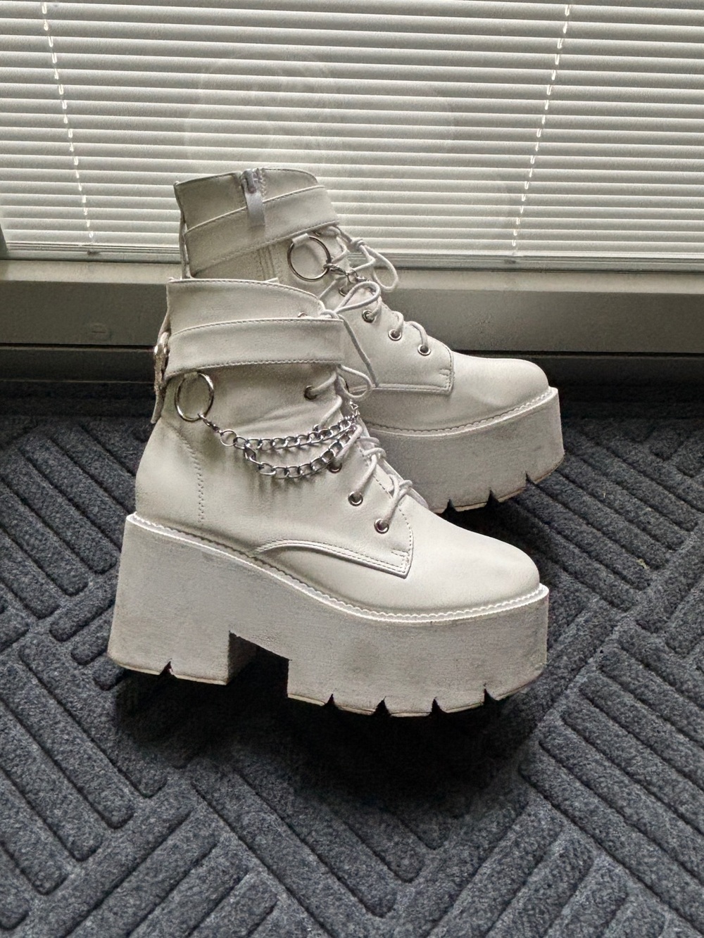 White Platform Lace-Up Ankle Boots with Chain Detail